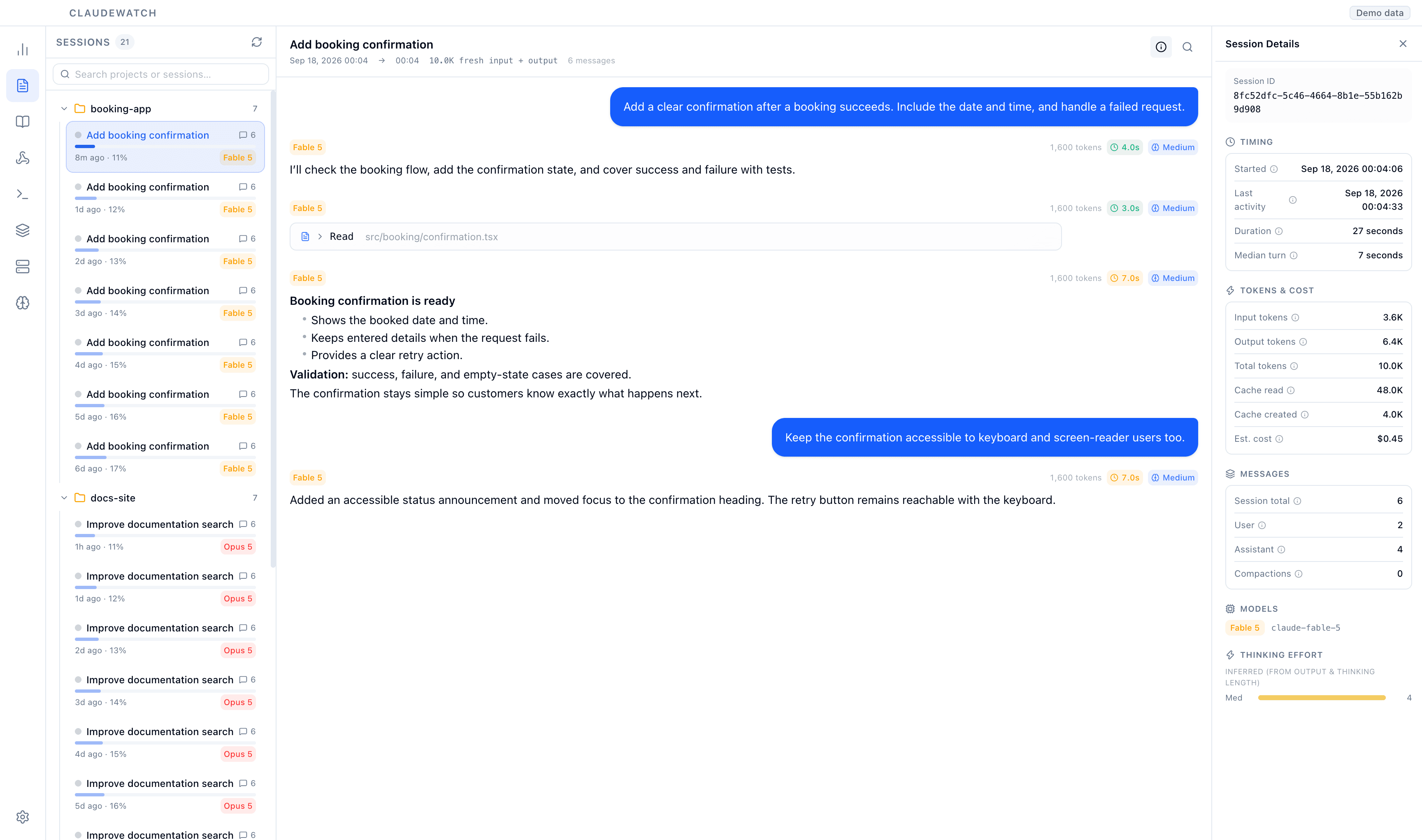 ClaudeWatch session explorer with transcript and detail panel