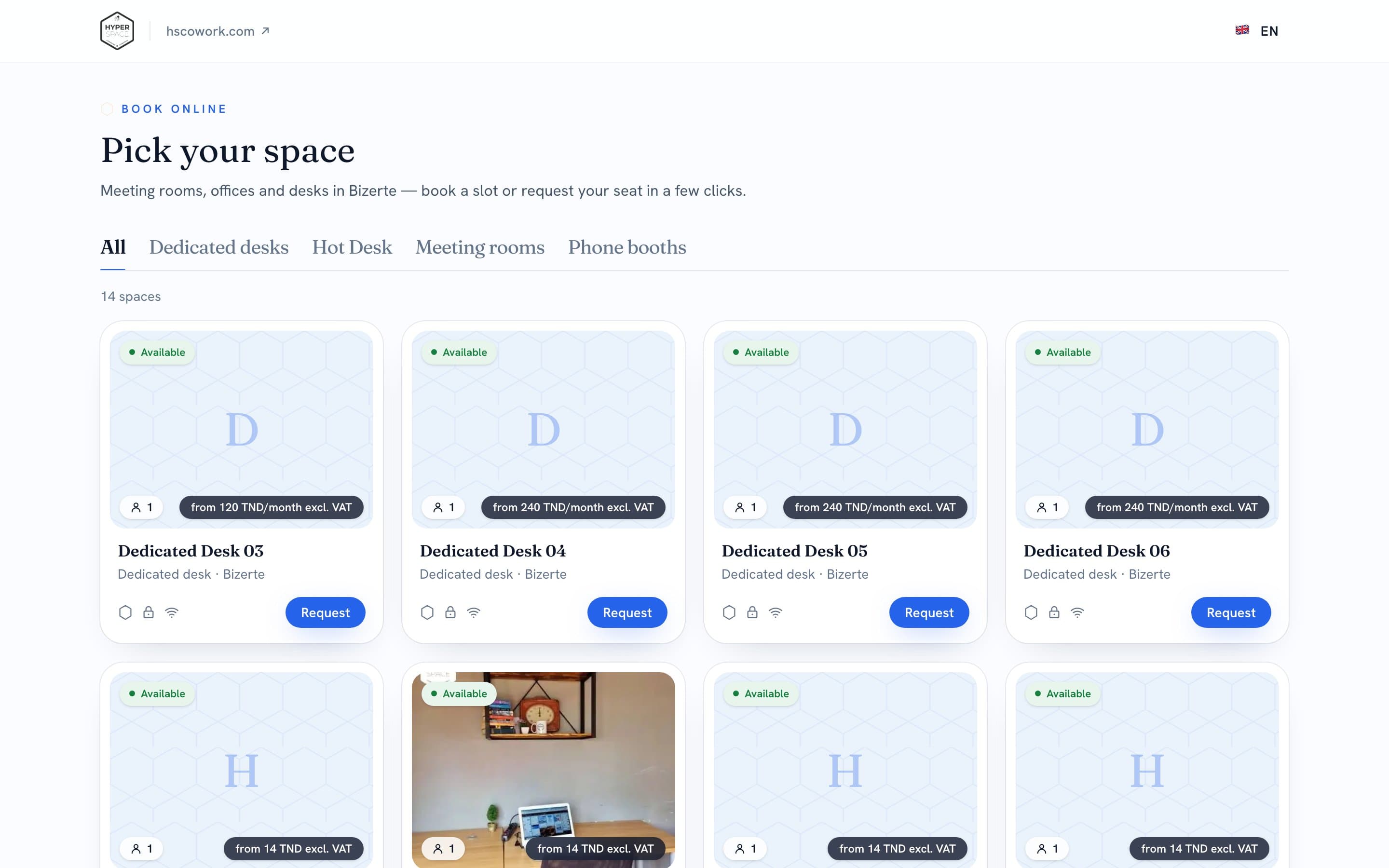 Public space catalog with desks, rooms and phone booths filtered by type