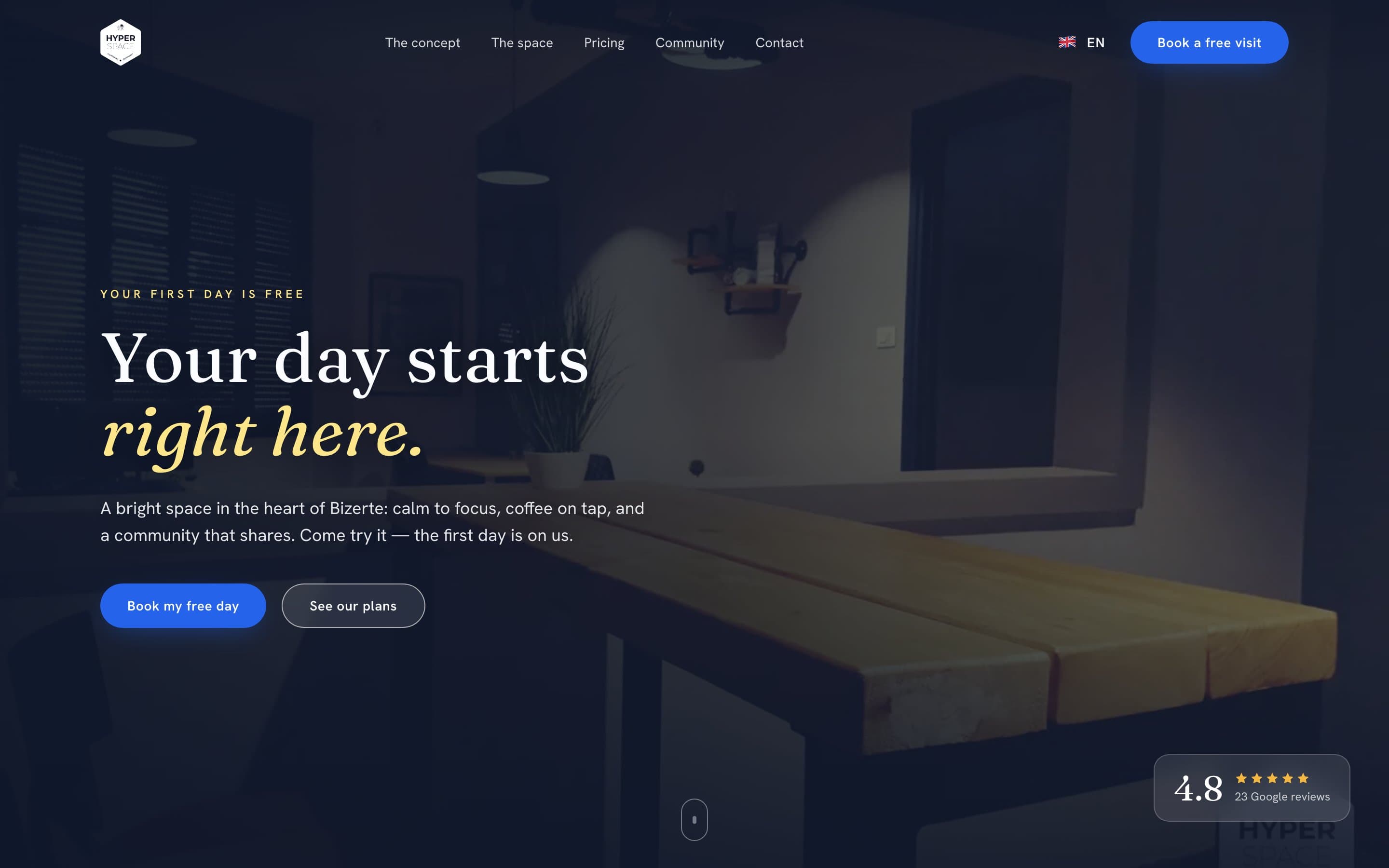 Hyperspace Coworking marketing site hero with booking call to action